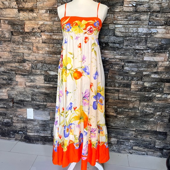 Rachel Zoe Dresses & Skirts - Rachel Zoe Cream Floral Maxi Dress with Bright Orange Trim